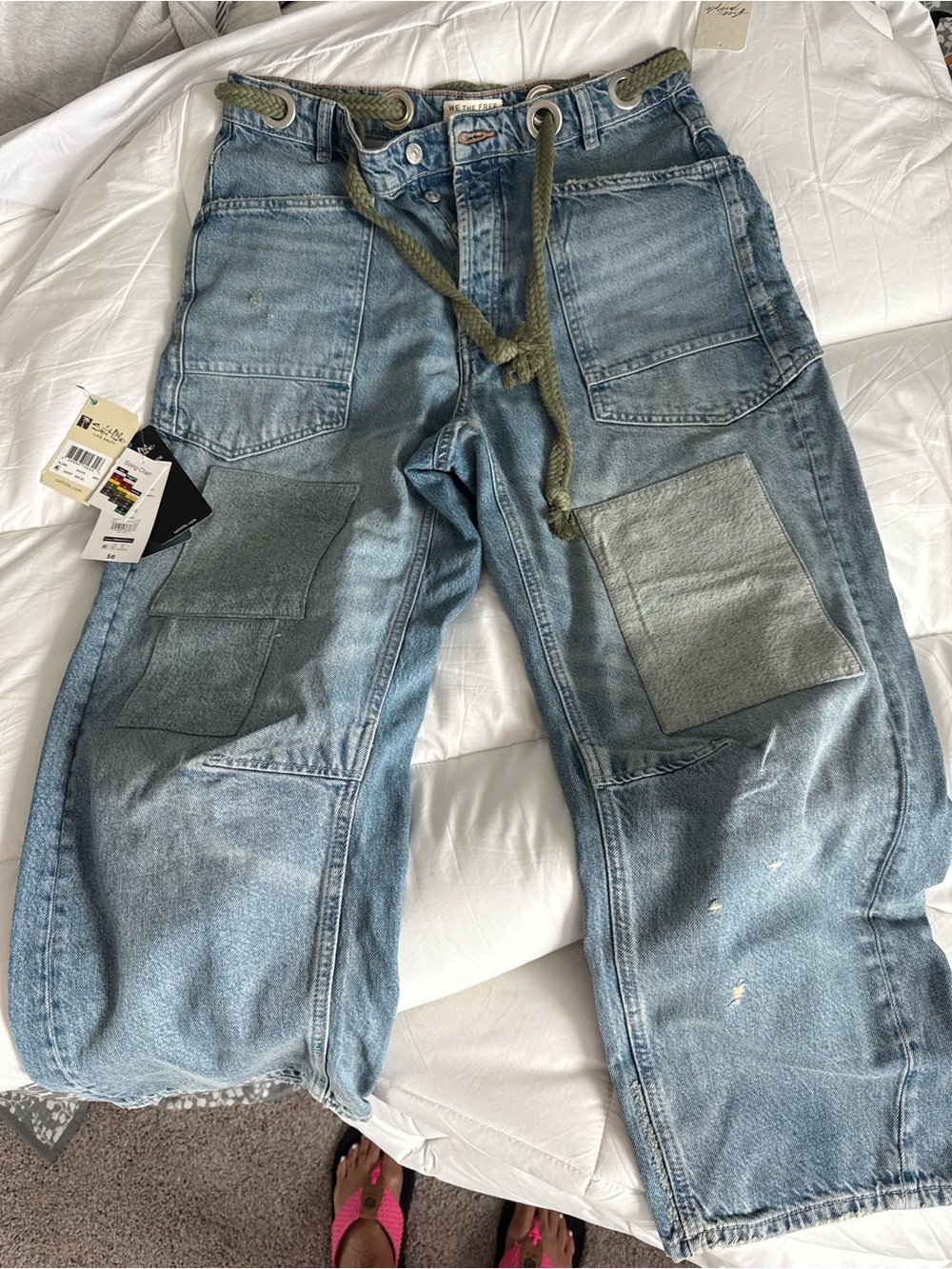 We The Free Light Blue Denim Jeans with Olive Green Drawstring - Picture 5 of 5